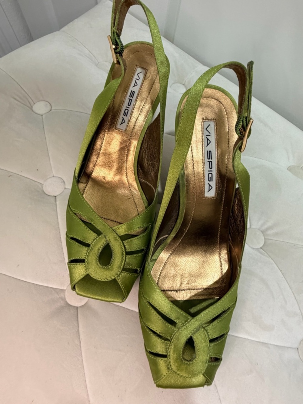Via Spiga Green Satin Peep-Toe Slingback Heels